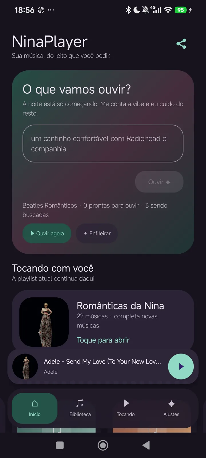 Tela real do NinaPlayer criando uma playlist romântica dos Beatles por conversa