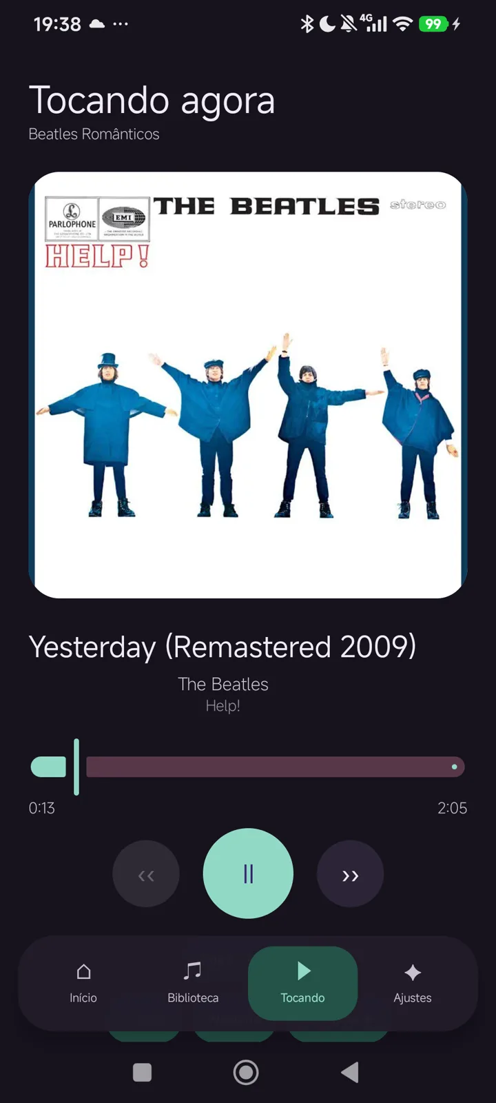Tela real Tocando agora reproduzindo Yesterday, dos Beatles